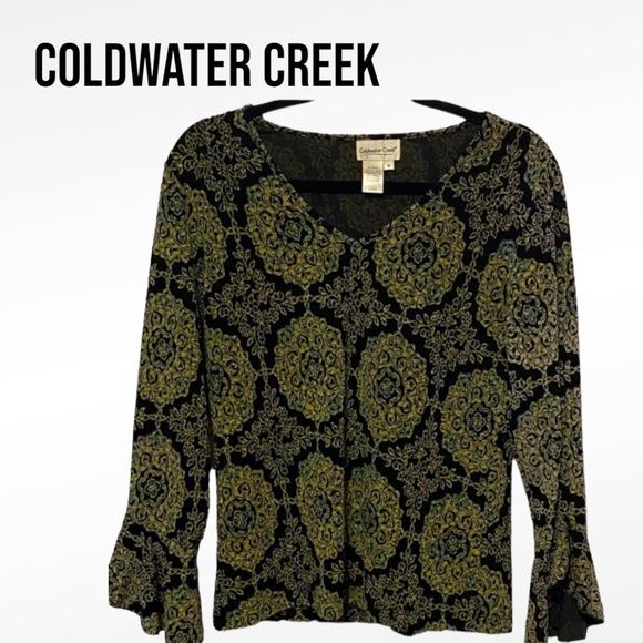 Coldwater Creek BOHO Blouse Top with Ruffle Sleeve MANDALA Small EUC Luminescent - Picture 1 of 7